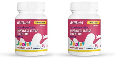 2 X Milkaid Junior Lactase Enzyme Chewable Tablets for Lactose Intolerance Relief, Prevents Gas, Bloating & Diarrhoea, Fast Acting Dairy Digestive Supplement, Gluten Free & Vegan, 120 Count