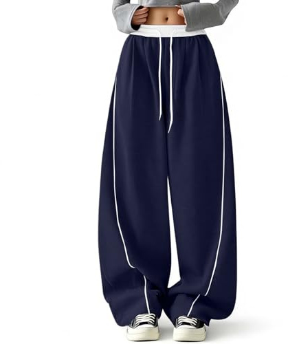 YOSUWOAI Pantalones de chándal para mujer, holgados Y2K, pantalones de chándal de pierna ancha, ropa de calle, cintura alta, pantalones de entrenamiento con bolsillos, pantalones largos de deporte
