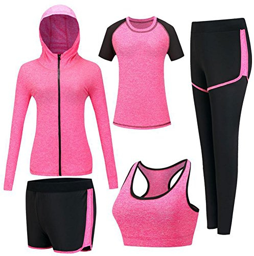 ZETIY Tute da Ginnastica Donna Set, 5 Pezzi Abbigliamento Sportivo Donna per Pilates Yoga Jogging Gym Workout Ginnastica Include Manica Lunga e Corta, Pantaloni, Reggiseno - Rosa Rossa - L