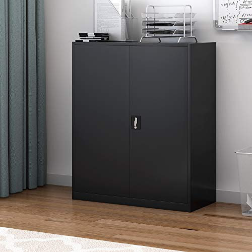 Panana Black Steel Storage Cupboard 2 Door Tall Lockable Bookcase Filing Cabinet Unit -900mm,Heavy Duty 2 Shelves(3 Layer)