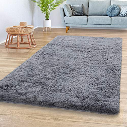 TT Home Teppich Wohnzimmer Hochflor Langflor Weich Soft Modernes Einfarbiges Design, Farbe: Grau, Größe:140x200 cm