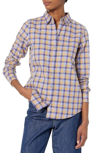 Amazon Essentials Women's Regular-Fit Long-Sleeve Lightweight Plaid Flannel Shirt, Light Camel Plaid, M