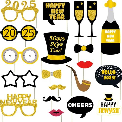 Silvester Deko 2025, 20 Stück Fotorequisiten für Neujahr Silvesterdeko, Neue Jahre Foto Requisiten, Foto Booth Props Fotobox Accessoires Frohes Neues Jahr Brillen für Silvester Party Neujahr Deko
