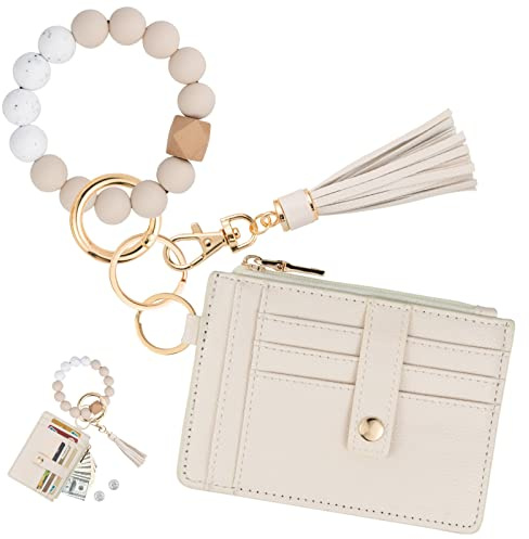 KNGITRYI Wallet Keychain Wristlet for Women,Slim RFID Credit Card Holder Purse Tassel Keychain Bangle Key Ring for Men Women(Beige)