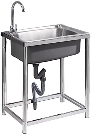 Freistehendes Spülbecken, kommerzielle Spüle, Einzelschüssel, Edelstahlspüle für Waschküche, Garage, Gewerbe, drinnen und draußen, mit Wasserhahn und Abfluss-Abtropfgestell, Küche, Restaurant. (Farbe:
