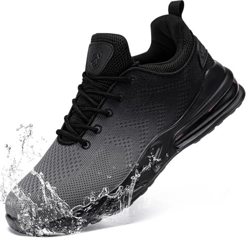LARNMERN Waterproof Running Shoes Men's Sports Non-Slip Trainers Fashion Outdoor Casual Fitness, Black Grey, 5 UK
