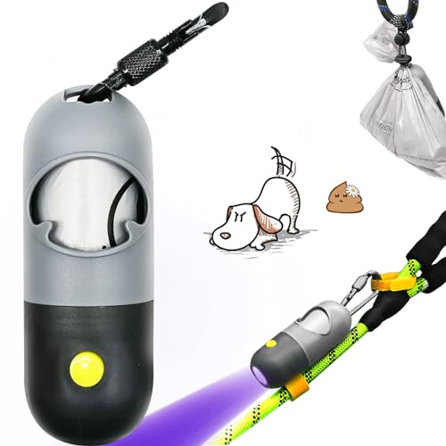 YUCHIYA Dog Poop Bags Holder with UV Flashlight with 1 Roll of Leak-Proof Dog Waste Bags Black Light for for Pet Urine Detector with Built-in LR44 Batteries and Dog Walking Accessories (Dark Gray)