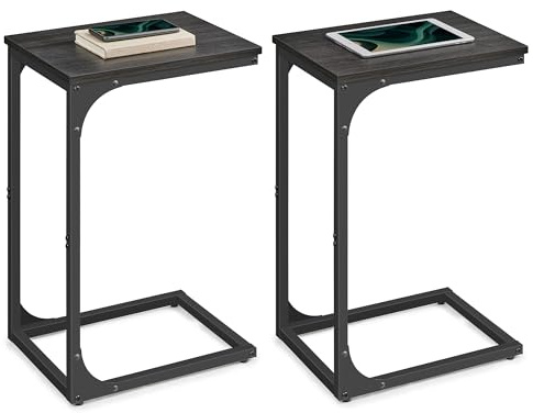 VASAGLE Set of 2 C-Shaped Side Table, Bedside Table, Sofa Side Table, Coffee Table, with Metal Frame, Industrial, for Living Room, Bedroom, Grey Oak and Ink Black LET354B42