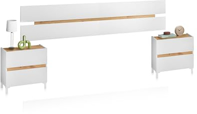 duehome | Cabecero y 2 Mesitas de Noche, Dormitorio Doble, Dormitorio Completo, Modelo Erza, Acabado en Blanco Artik y Roble Nodi