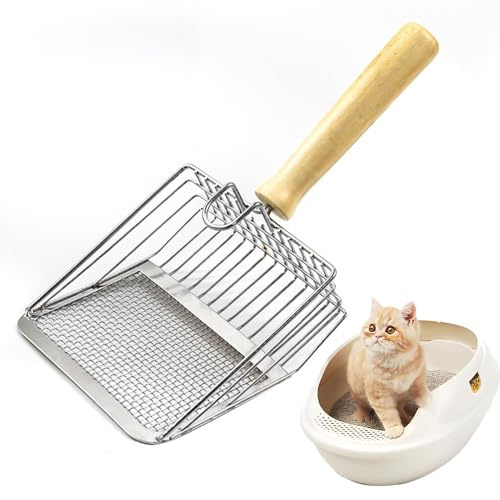 Roysmart Pala para arena para gatos, pala con mango de madera, pala de metal para gatos