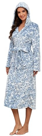 RONGTAI Damen-Bademantel aus Plüsch-Fleece, mit Kapuze, dick, mit Taschen, flauschige Nachtwäsche, Blauer Leopard, Medium