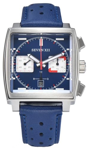 SEVEN XII Quadratische Automatik-Chronograph-Uhr für Herren, selbstaufziehend, Saphirglas, Business, klassisch, leuchtend, Sport-Armbanduhr mit Lederband, S003, Blau, Modern