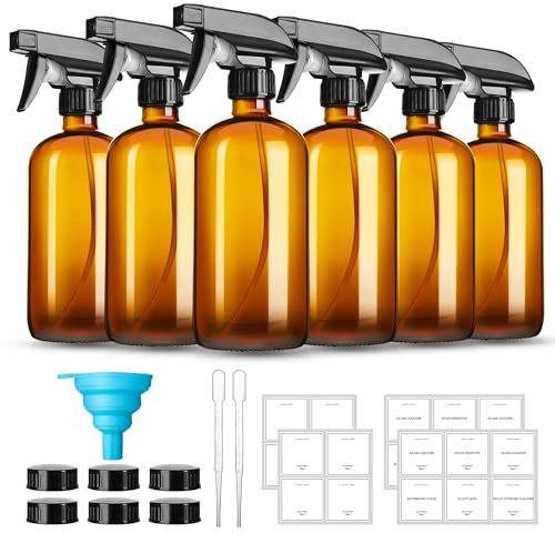 GIVAMEIHF 473 ml sprayflaskor i bärnstensglas, 6-pack glassprayflaskor påfyllningsbar tom flaska med justerbart munstycke, sprayflaska för eteriska oljor, rengöring, husdjur, hårspray