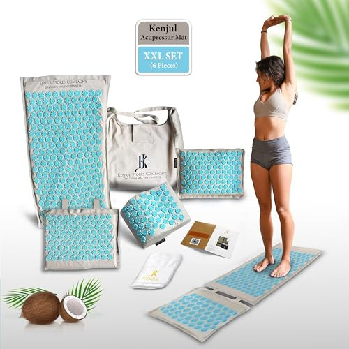 KENJUL Akupressurmatte XXL (6-teilig) mit ergonomischem Kissen & Wärmfunktion – Ganzkörpermassage zur Linderung von Verspannungen, Rücken- und Nackenschmerzen inkl. Tasche & Anleitung (Beige-Blau)