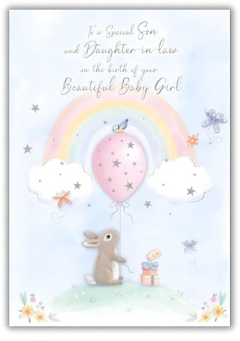 Special Son and Daughter-in-Law Birth of Baby Girl Card - Congratulations - Cute Artistic Rabbit and Rainbow Design - Made in the UK - Eco-Friendly