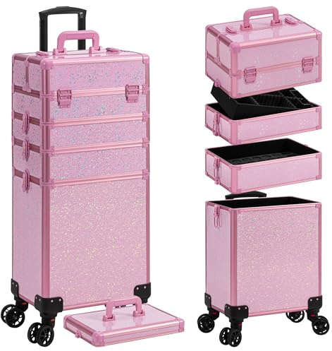 AROUS Rolling Makeup Train Case Large Storage Cosmetic Trolley 5 in 1 Large Capacity Trolley Makeup Travel Case with Key Swivel Wheels Salon Barber Case Traveling Cart Trunk, Pink