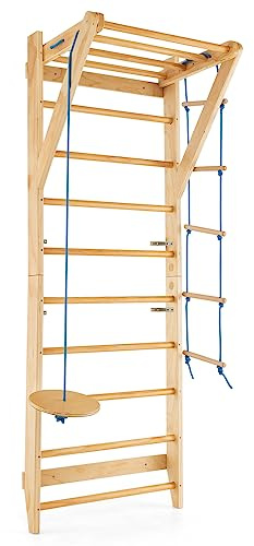 COSTWAY Spalliera Svedese in Legno, Scala Svedese Adulti e Bambini con 13 Barre, Scala a Corda e Trapezio Rotondo, Spalliera per Fitness e Fisioterapia da Palestra e Casa, Portata 100 kg