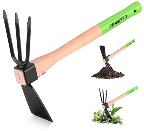 WORKPRO Zappa e Coltivatore 2-in-1 – Rastrello da Giardino con Manico in Legno da 36 cm, Lama Affilata e Denti a 3 Artigli, Attrezzo Pesante per Scavare, Smuovere il Terreno, Sarchiare e Coltivare