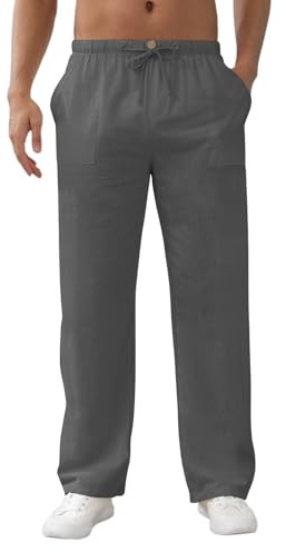 Aisprts Pantalon Lino Hombre Pantalones Holgados de Ocio Pantalones Ligeros de Verano para Hombre con Bolsillos, Cintura Elástica y Cordón, Beige, XXL