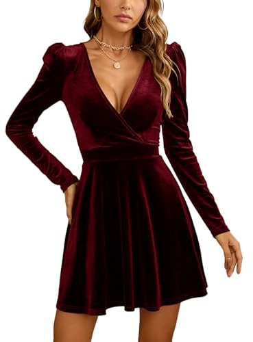 xxxiticat Robe de cocktail pour femme sexy à col en V en velours - Mini - Manches longues - Taille haute - Ligne A - Fluide - Idéale pour les soirées et les fêtes, Bordeaux, L