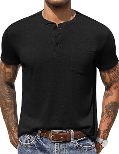 COOFANDY Henley T-Shirt Uni à Manches Courtes pour Hommes Loisirs Basic Tee avec Patte de Boutonnage Noir XL