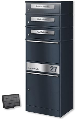 Metzler Paketbriefkasten mit solarbetriebener LED-Beleuchtung und großem Paketfach, anthrazit mit Gravur, wetterfest und abschließbar, Edelstahlgehäuse freistehend, ideal für kontaktlose Zustellung