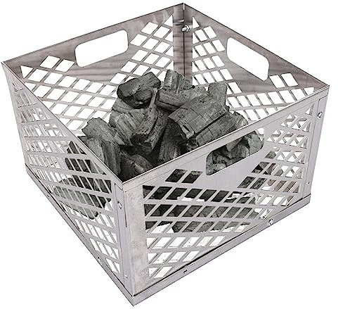 Cesta de carbón de acero inoxidable con asa para parrillas de ahumador compensadas, duradera, 31 x 31 x 20 cm, compatible con la mayoría de los fumadores, cesta de carbón para un uso duradero
