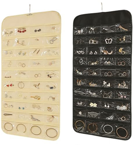YDAKGUEY Earring Storage Organiser, Jewellery Organiser for Dual-Sided Hanging with 80 Clear Pockets, Wall Mount Storage Holder with Hooks for Ring Necklace Holder(2 Pcs, 43 X 86cm)