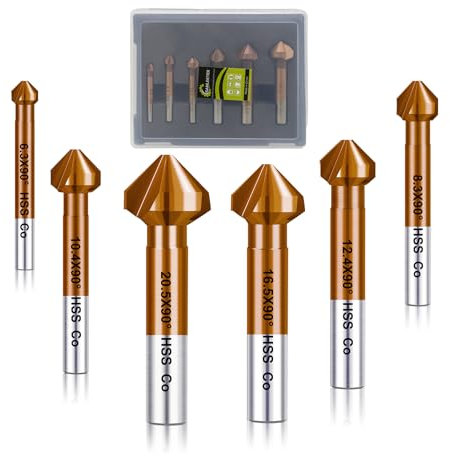 SANLEETEK Fraise à Chanfreiner HSS - Cobalt Plaqué Fraise à Noyer Foret à Fraiser Métal pour Acier Inoxydable Fer Aluminium Cuivre Bois 6 pièces (6,3/8,3/10,4/12,4/16,5/20,5mm), Tige Ronde