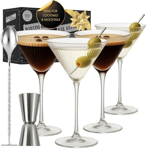 VEMACITY - Ribbed Martini Glasses Set of 4 | Silver Bar Tools - 8oz Cocktail Glasses | Espresso Martini, Margarita, Manhattan, Cosmopolitan - Art Deco Cocktail Gift Set | Ideal for Martinis