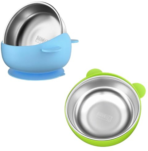 AXVRAV Ciotola per bambini con ventosa, 4 pezzi, in acciaio inox, con ventosa, 2 in 1 in acciaio inox e silicone, ciotola per bambini, antiscivolo, per lavastoviglie e forno a microonde