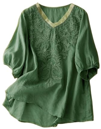 Top Ricamati per Le Donne, Maglietta Tunica in Cotone e Lino Floreale, Maniche a 3/4, Scollo a V, Bottoni, Etnico Abbigliamento Abiti Corti (Green-g, M)