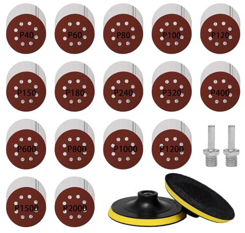 Pilikoll 160 Stück 5 Inch Schleifscheiben Pads mit 2 M14 Schleiftellers, 2 Schaftmit Schleifscheiben-Set 8 Loch Schleifscheiben Pad für Polieren Metall Holz Auto Felgen Scheinwerfer,40 to 2000