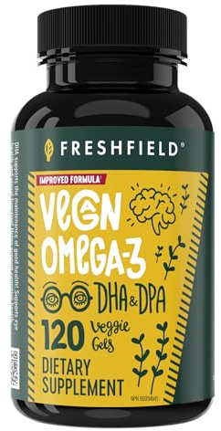 Freshfield Vegan Omega 3, Algae (Algal) Oil, Fish Oil Free Company, Third Party Tested, Carrageenan Free, DHA Supplement w/DPA, Plant Based Omega. Supports Heart, Brain, Joint Health