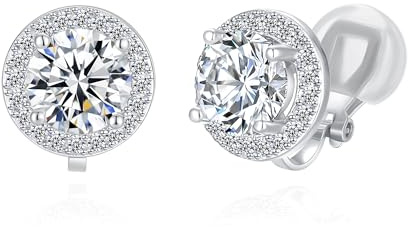 QUKE 8mm Elegant Round CZ Clip-On Stud Earrings Non-Pierced for Women Girls | Sparkly Birthstone Clip On Earrings, Hypoallergenic, Soft Secure Grip, Gift Box, Lovely Present for Birthdays & Christmas