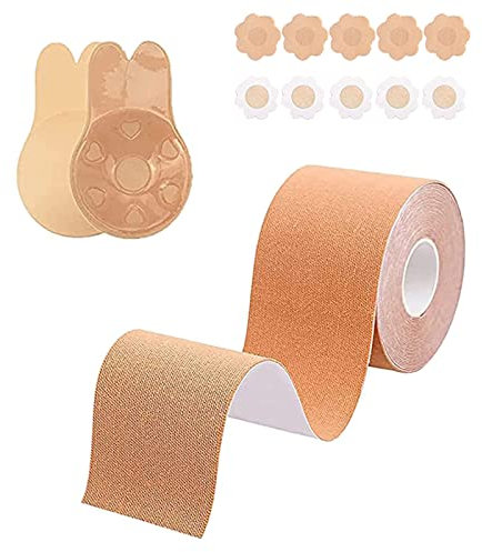 PTBWS Nastro Adesivo per Seno,Tape Push Up Invisibile,Nastro Seno, Reggiseno Adesivo,1 Paia Riutilizzabile Push Up Reggiseno Invisibile, 10 Copri Capezzoli Usato per Coppa A-E