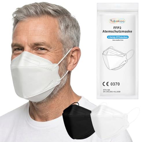 TubeRoo FFP2 Maske weiß 20 Stück Masken Fischform, Versand aus Deutschland, weiche runde Ohrschlaufen Bänder, Atemschutzmaske, Mundschutz