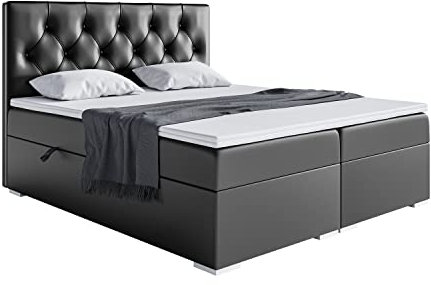 MEBLINI Boxspringbett mit Bettkasten - Gepolstert Doppelbett mit Matratze und Topper - Polsterbett mit Stauraum - Bett mit Kopfteil - Stauraumbett - Roma - 200x200 - H3/Schwarz Kunstleder