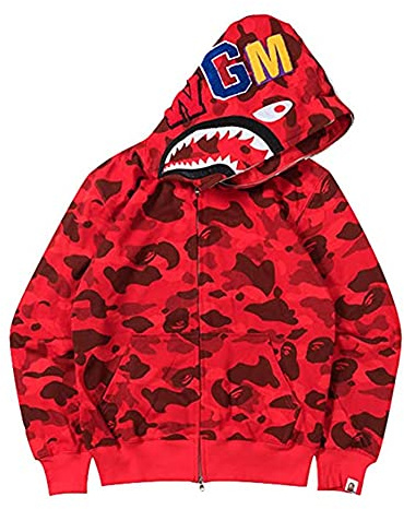 LIAOPUFUS Uomo 3D Stampato Shark Felpa con Cappuccio Hip Hop a Maniche Lunghe Zipper con Cerniera Mimetica Moda Street Wear(M,1-Rosso Destra)