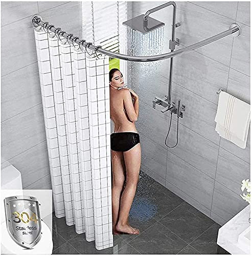 Barre Rideau Douche Extensible sans Perçage,Forme de L Tringle à Rideau Douche Barre Angle Sans Perçage ,Antirouille,Acier Inoxydable 304, L Salle De Bain Pôles De(Size:70 to 95cm x 70 to 95cm,)