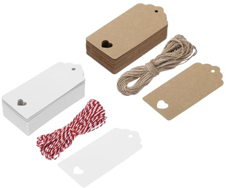 QUARKZMAN 100 stycken presentetiketter kraftpapper vita etiketter presenthänge, rektangulär med hjärtformade hål kort med 20 meter jutesnöre röd för presentförpackning jul