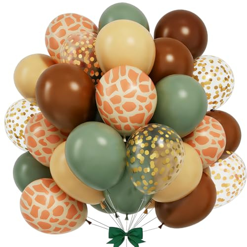 Safari ballonger, 60 stycken gröna bruna ballonger med salviagrön, brun, guld, elfenben, vit, girafftryck, djungelballonger för safari, skog, babyparty, Wild One två vilda dekorationer