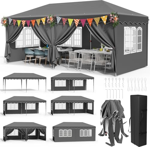 Pavillon 3x6 Wasserdicht Stabil,Faltpavillon 3x6,Gartenzelt mit 6PCS Seitenteilen,UV-Schutz 50+,Partyzelt 420D Oxford, Winterfest Gartenpavillon Höhenverstellbar,Pavillon für Hochzeiten, Markt,Grau