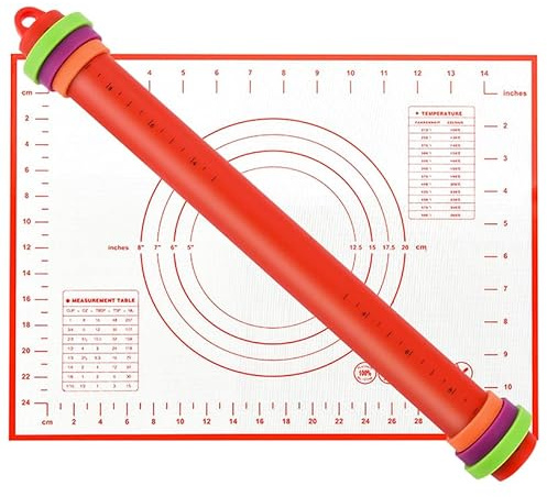 Mattarello Silicone,Mattarelli Antiaderenti - 30,5 cm, mattarello per pizza, pasta, torte, fondente, biscotti, pasticcini, con tappetino da forno (Rosso)