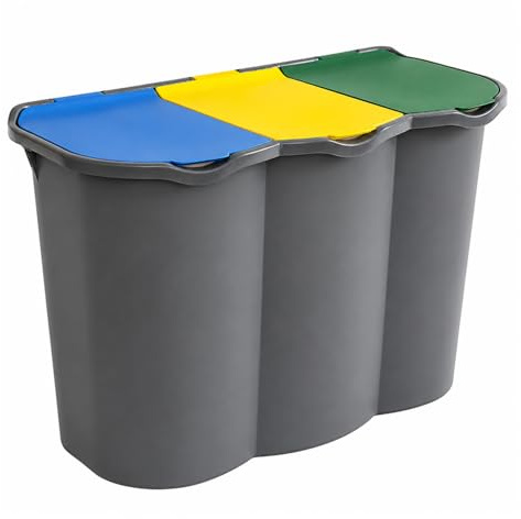 PALUPLUS Pattumiera 3 Scomparti per Raccolta Differenziata da 80 Litri, misura 75x35x56, Anelli Ferma Sacchetto, Secchio per Spazzatura con Coperchi Azzurro, Giallo e Verde -9606F