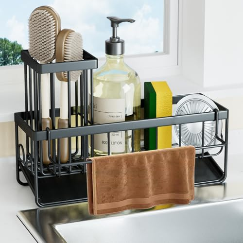 Bonhoom Organizador para Fregadero de Cocina, Soporte para Esponja con Soporte para paños de Cocina y Portacepillos de Limpieza, Organizador de Metal con desagüe automático