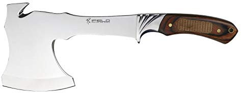 iFIELD Hacha Deportiva Camper EL29001, Hoja de Acero INOX de 9,5 cms, Total 29,5 cm, con Funda de Piel, Mango Stamina Decorada CNC, Herramienta de Camping para Pesca, Caza, Actividad Deportiva