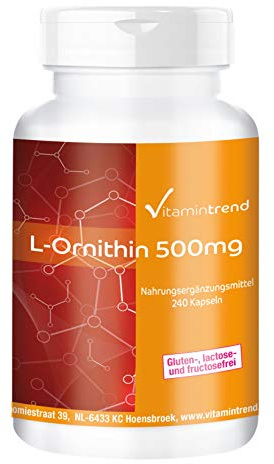 Vitamintrend L-ornithine 500 mg, 240 gélules, hautement dosé, complément alimentaire vegan sans stéarate de magnésium, fabriqué en Allemagne