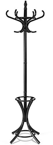 GOPLUS Perchero de Pie de Madera Maciza con 12 Ganchos y Soporte para Paraguas, Perchero Árbol para Colgar Abrigos, Sombreros y Bolsos, para Entrada, Pasillo, Dormitorio, Recibidor, 184 cm (Negro)