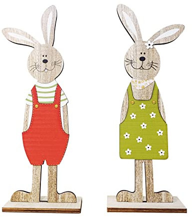 Seasboes Osterhasen Deko, 2 Stücke Deko Aufsteller für Ostern, Osterhase im Kleid mit Blume, Osterdekoration aus Holz, Puppenschmuck für Kinder, Frühlingsdeko für Zuhause Kunsthandwerk (Grün)